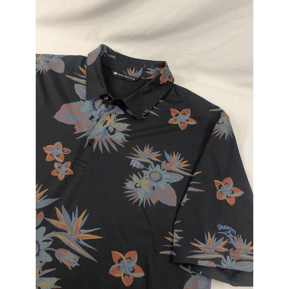 Travis Mathew Mens XL Black Floral Performance Golf Polo Shirt Shawnee Golf